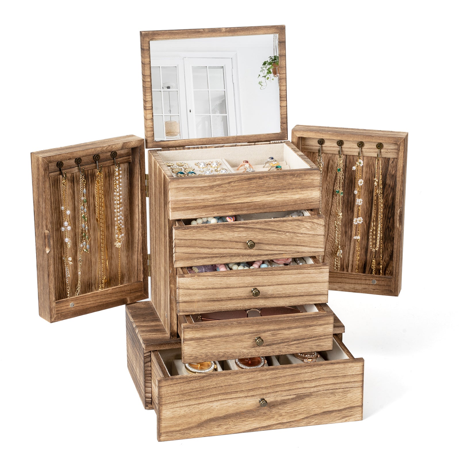 Rustic Wood Jewelry Organizer: Drawer Storage Case with Mirrored Top for Elegant Accessories Display