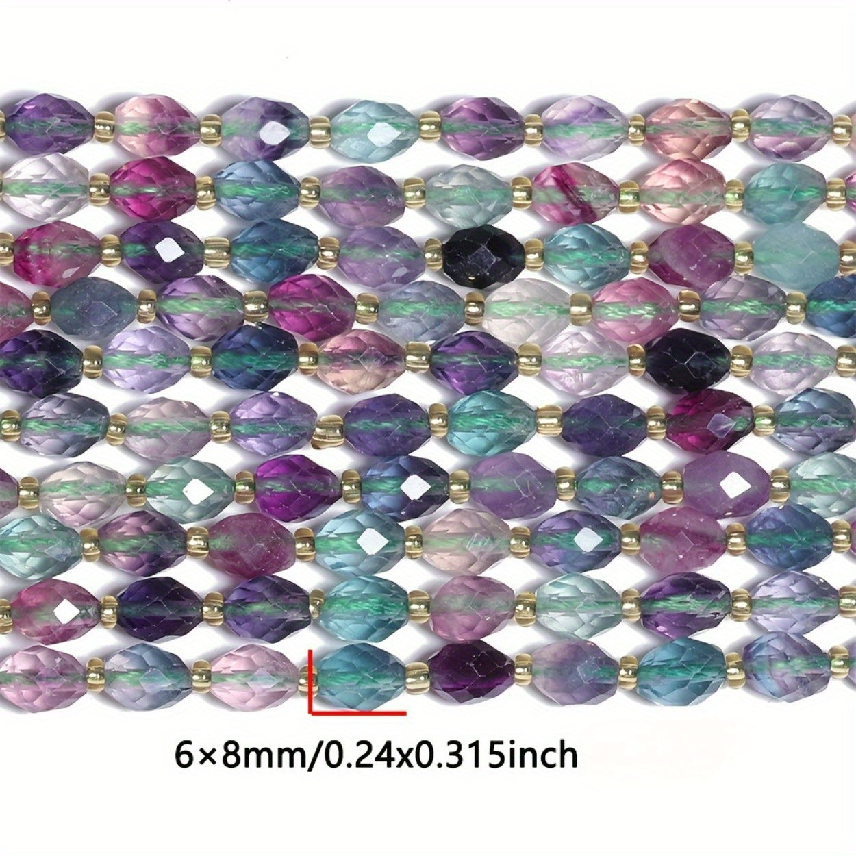 TEMU 8x6mm Natural Fluorite Stone Beads - Multicolor Gradient Rice Shape Spacer Beads With Golden Spacers For Making, Bracelets, Earrings, Necklaces,