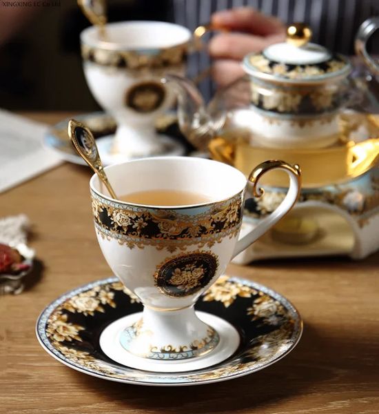 Nordic style bone Chinese coffee cup and sauce set retro gold border family afternoon tea set milk can sugar bowl ceramic cup 240816