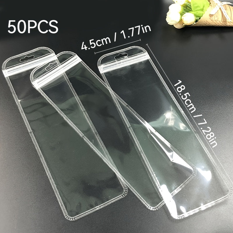 TEMU 50pcs Long Jewelry Bags Transparent Necklace Zipper Pouches, Reusable Plastic Bags For Jewelry, Pens, Makeup Brushes - Suitable For Gift