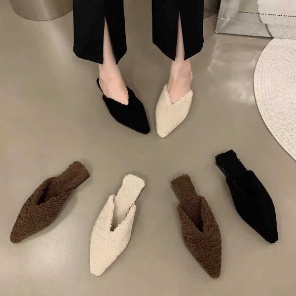 2024 Spring Wan Fur Mes Mes Slider Fi Shoes Slider Sapatos femininos elegantes estilo ao ar livre Sapatos de salto baixo Y241209