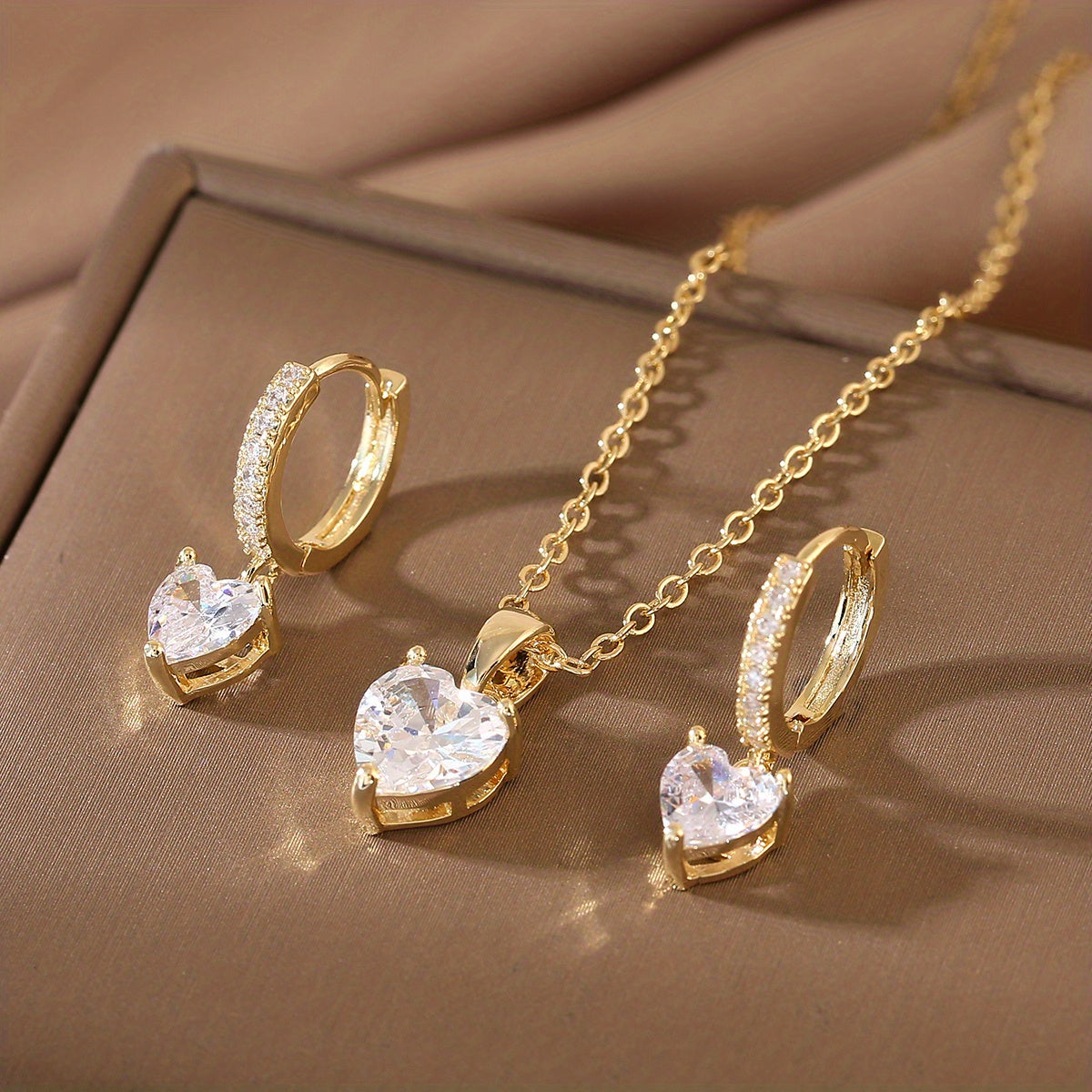 TEMU Luxurious 3pcs Jewelry Set With Sparkling Heart Pendant & Earrings - Cubic Zirconia Accents, Casual Attire Or Gifting