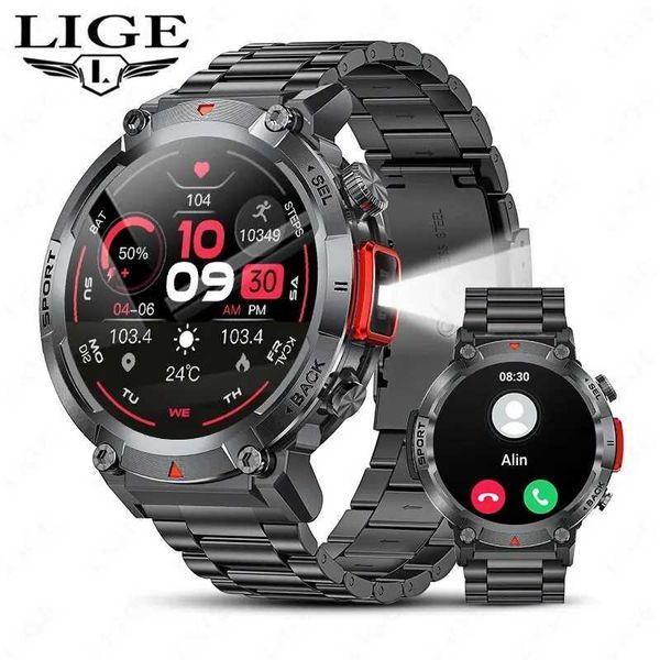 LIGE New Smartwatch For Men LED Flashlight Bluetooth Call Health Monitoring Smart Watch Man Outdoors Sports Waterproof Bracelet M240824