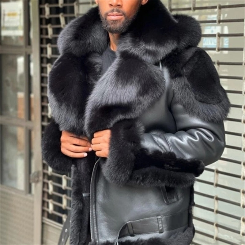 Black fur collar with thick wool lining mens pu leather jacket 240926
