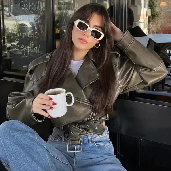 Short Faux Leather Jacket Women Vintage Loose Pu with Belt Streetwear Female Zipper Retro Moto Biker Coat Outwear Tops 241219