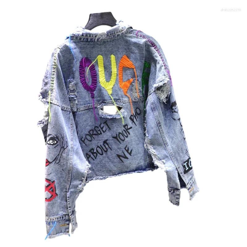 Men&#039;s Jackets Fashion Rivet Beading Tassel Letter Graffiti Denim Jacket Women Loose Short Outerwear Holes Long Sleeve Jeans Coat Female