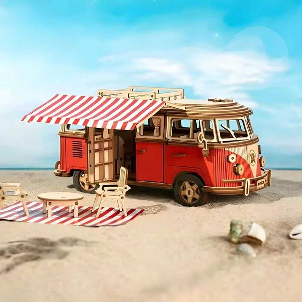 3D Puzzles 3D wooden car retro bus European style camping car DIY manual assembly puzzle camping car educational toy childrens Christmas gif
