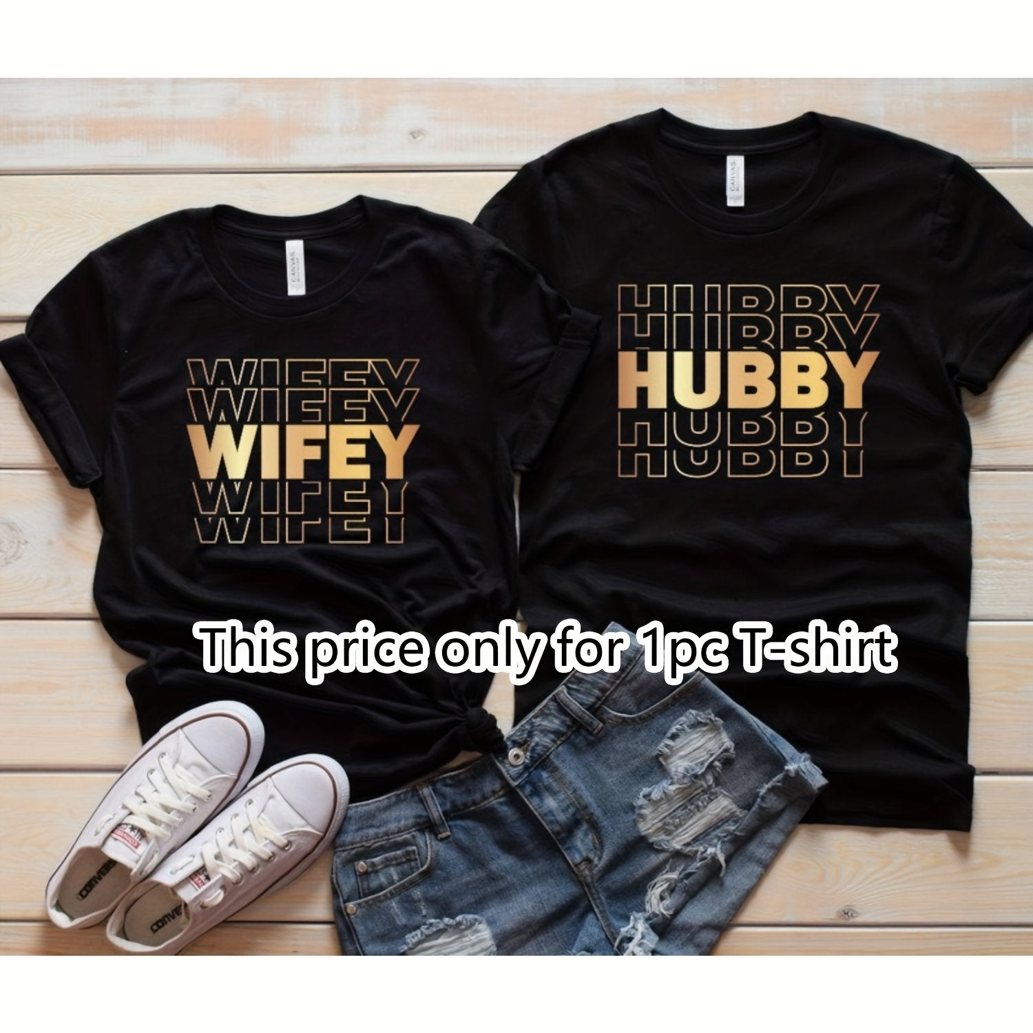 TEMU Yzx 1pc Matching Couple T-shirts - Funny " & Wifey" Printed 100% Cotton 180g Crew Neck Short Sleeve Tees For Valentine's Day, Birthdays,