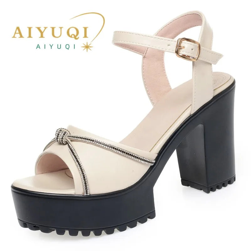 AIYUQI Women Sandals High Heels Genuine Leather Fashion Women Sandals Large Size Rhinestone Summer Sandals Women