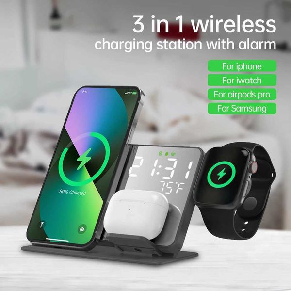 3 in 1 Wireless Charger For iPhone 14 13 12 Pro Watch S8 7 15W Fast Charging Dock Station Desktop LED Digital Alarm ClockM240731