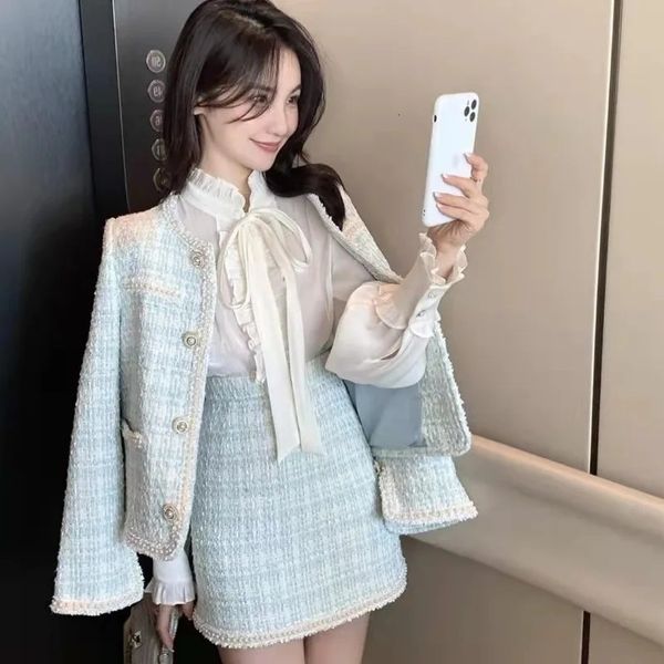 PEDRAS PEQUENAS FRONTRANTEMENS DOIS CONSELHOS DE PEICE 2025 Autumn Winter Short Tweed Office Office Lady High Skirts Ternos 250122