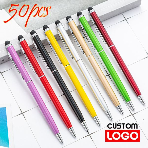 Ballpoint Pens 50 Packs of 13-color Mini Metal 2-in-1 Stylus Universal Ballpoint Pen Text Engraving Custom Office School Advertising Pen 230