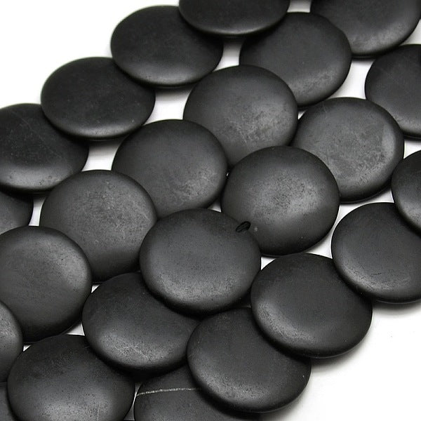 Brins de perles de pierre noires plates rondes naturelles