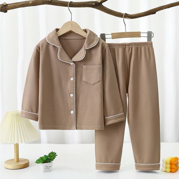 128 Baby autumn and winter long-sleeved two-piece suit for boys and girls lapel home clothes solid color casual pajamas