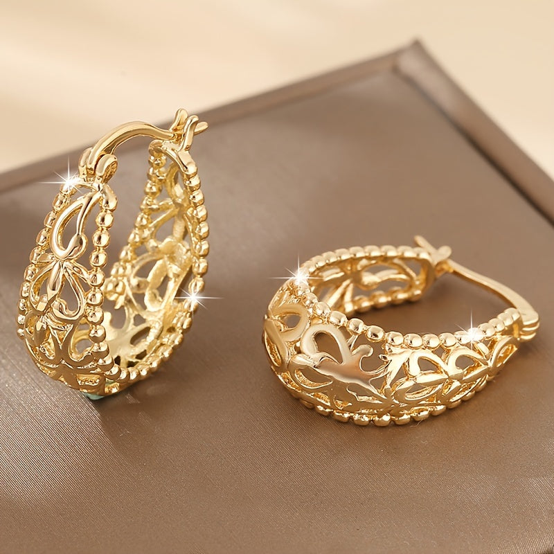 TEMU 1 Pair Elegant Vintage-inspired Golden Geometric Hoop Earrings For Women - Intricate Leaf Design, Casual Attire, Birthdays, Or Gifts