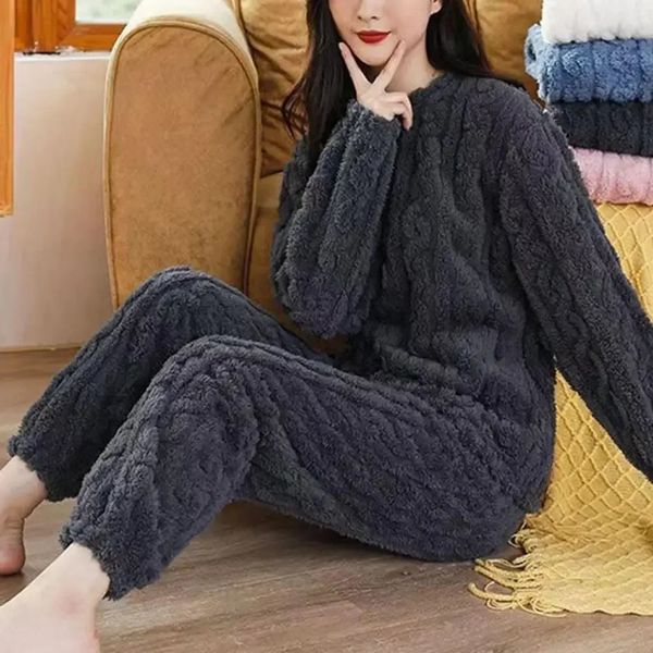 1 Set Winter Women Pajamas Warm Plush 2-Piece Sleepwear Set Stylish Solid Color Elastic High Waist Pullover Pajama Suit 241120