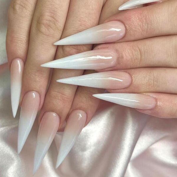 24 Pcs Glossy Long Stiletto Press On Pink And White Gradient Fake Artificial Finger Reusable False Nails For Women F701-7