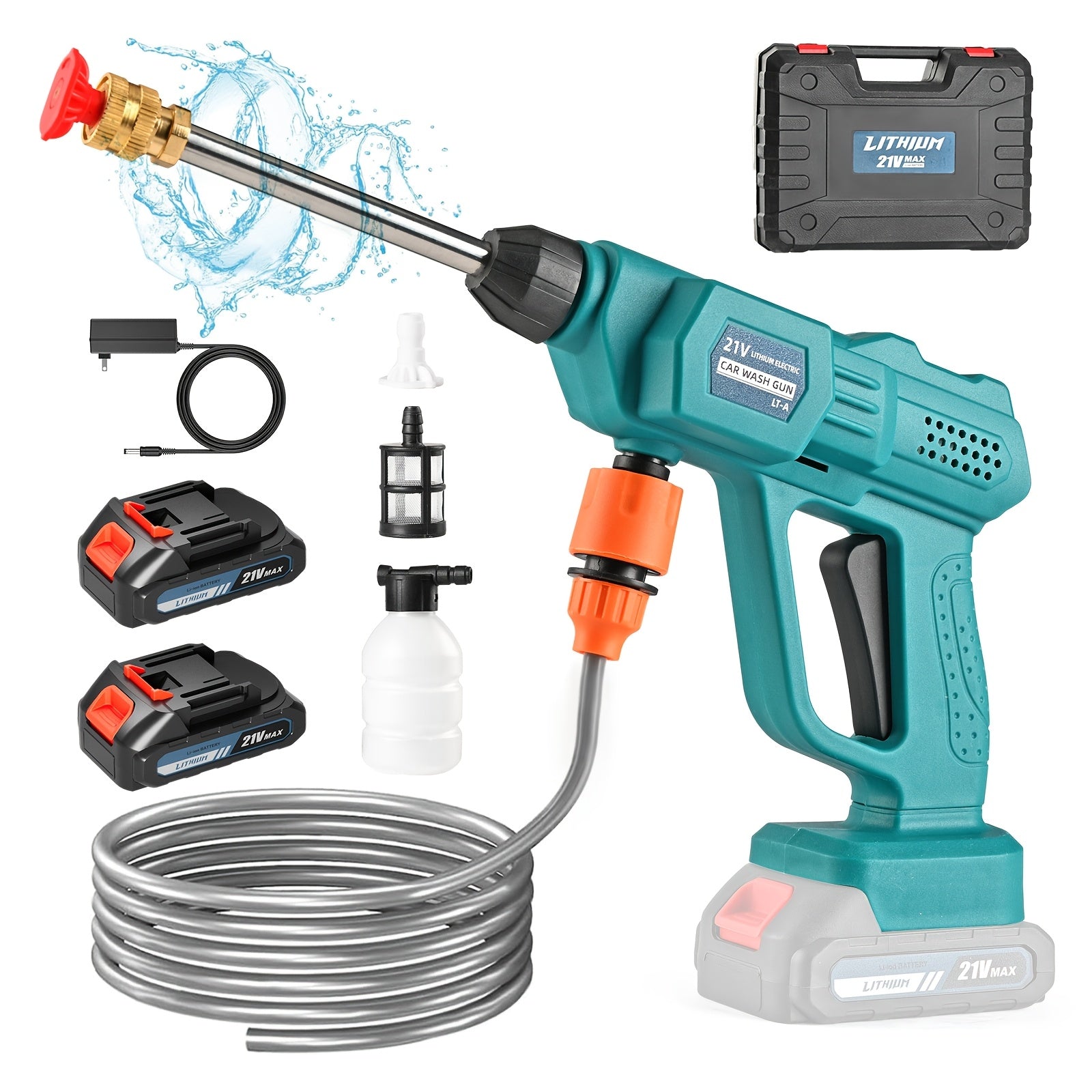 TEMU Portable Cordless High-pressure Car Wash Machine, 500psi Cordless Car Wash Machine, With 2 Batteries, 6-in-1 Nozzle, 5-meter Hose, Portable