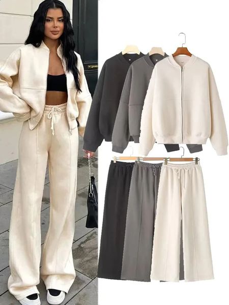 Womens Sportswear Set Retro Oneck Zipper Bomber Jacket High Pants Loose Pants 2025 Moda de Primavera 250122