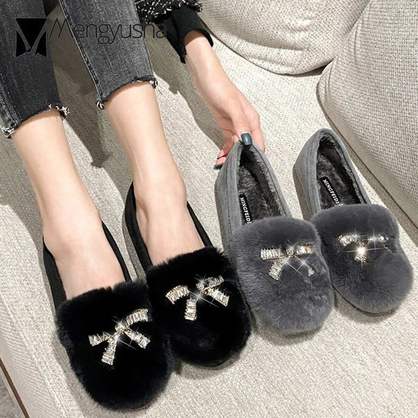 Large size 43 rabbit fur Moccasins womens crystal bowling ball flat round toe slider fur snowshoes winter outdoor shearing ballet dancer 241