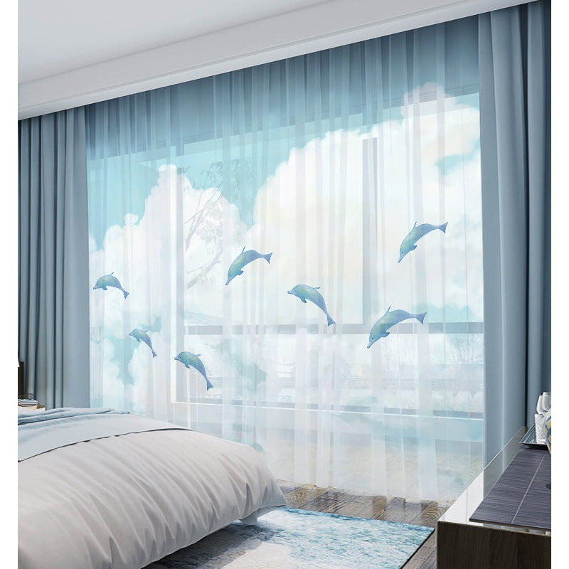 YL-36657 New Whole House Modern American Curtain Dolphin Blue Sky White Cloud Bedroom Blackout Window Screen