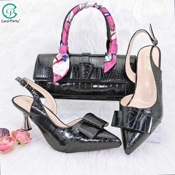Dress Shoes New Italian Design Mirrored Leather Fabric Bow Embellishment Ribbon Handle Pointed Toe High Heels And Bag Set H240702