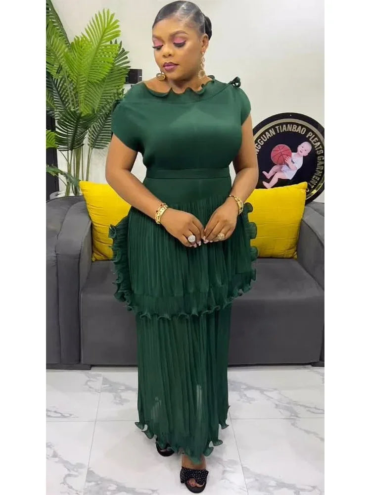 Pleated Women Dress Solid Sleeveless Ruffles Lace Bottom Skirt with Belt Fashion Female Dresses 2025 Spring New