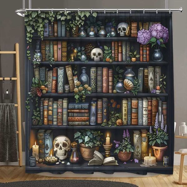 Vintage Library Shower Curtain Old Book Bookshelf Skull Halloween Candles Floral Plant Home Polyester Fabric Bathroom Decor Set M240824