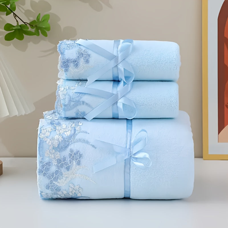 TEMU 3pcs Lace Embroidered Towel Set, Microfiber Towel, 2 Towels, 1 Bath Towel, Bathroom Absorbent Towel, Bathroom Supplies