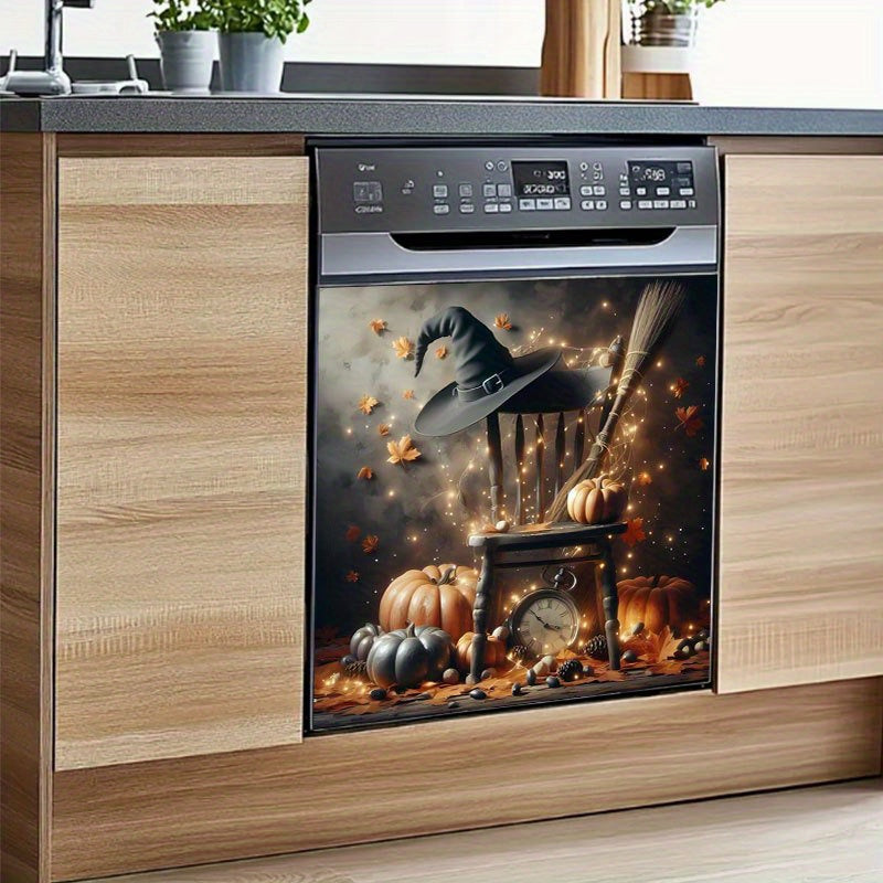 TEMU 2pcs Halloween Wizard Hat & Broomstick Vinyl Stickers - 2d Flat Pattern Decals For Dishwasher, Washing Machine, Fridge, Cabinets, Room Doors,