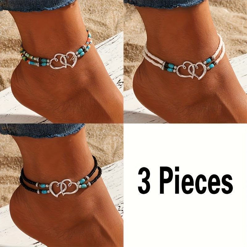 TEMU 3pcs Shimmering Anklet Set - Delicate Hollow Double , Adjustable Elastic Band, Mini Seed Beads, Boho Chic Style, Casual Attire, Vacations, And