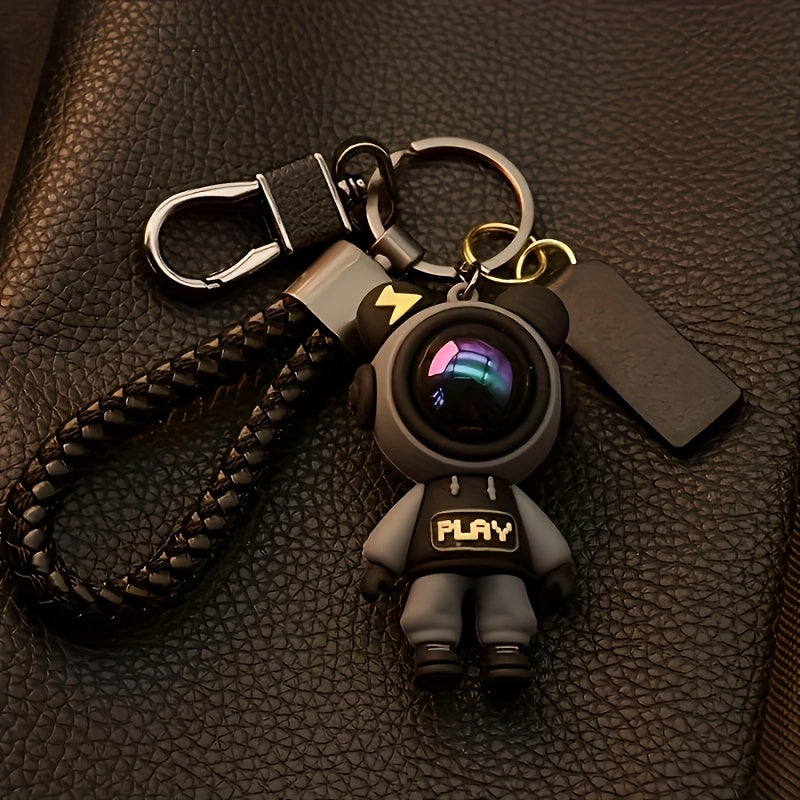 TEMU Cute Astronaut Keychains: Lightning & Cartoon Spaceman Designs For Couples, Silicone Style With Red Helmets, And Crystal-embellished Alloy -