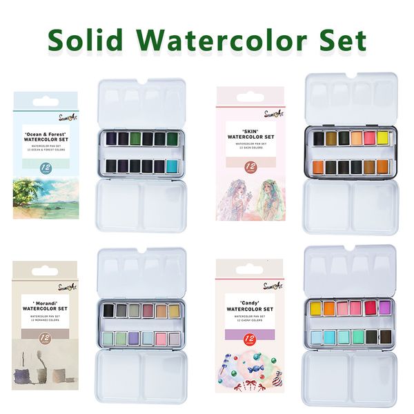 Painting Pens SeamiArt 12Color Solid Watercolor Set Metal Package for Art Supplies MorandiOcean ForestCandySkin 230706