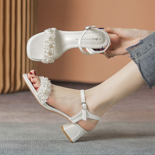 pearl beading med-high heels sandals women brand designer cloth fringe summer shoes ankle strap gladiator sandalias mujer 2023