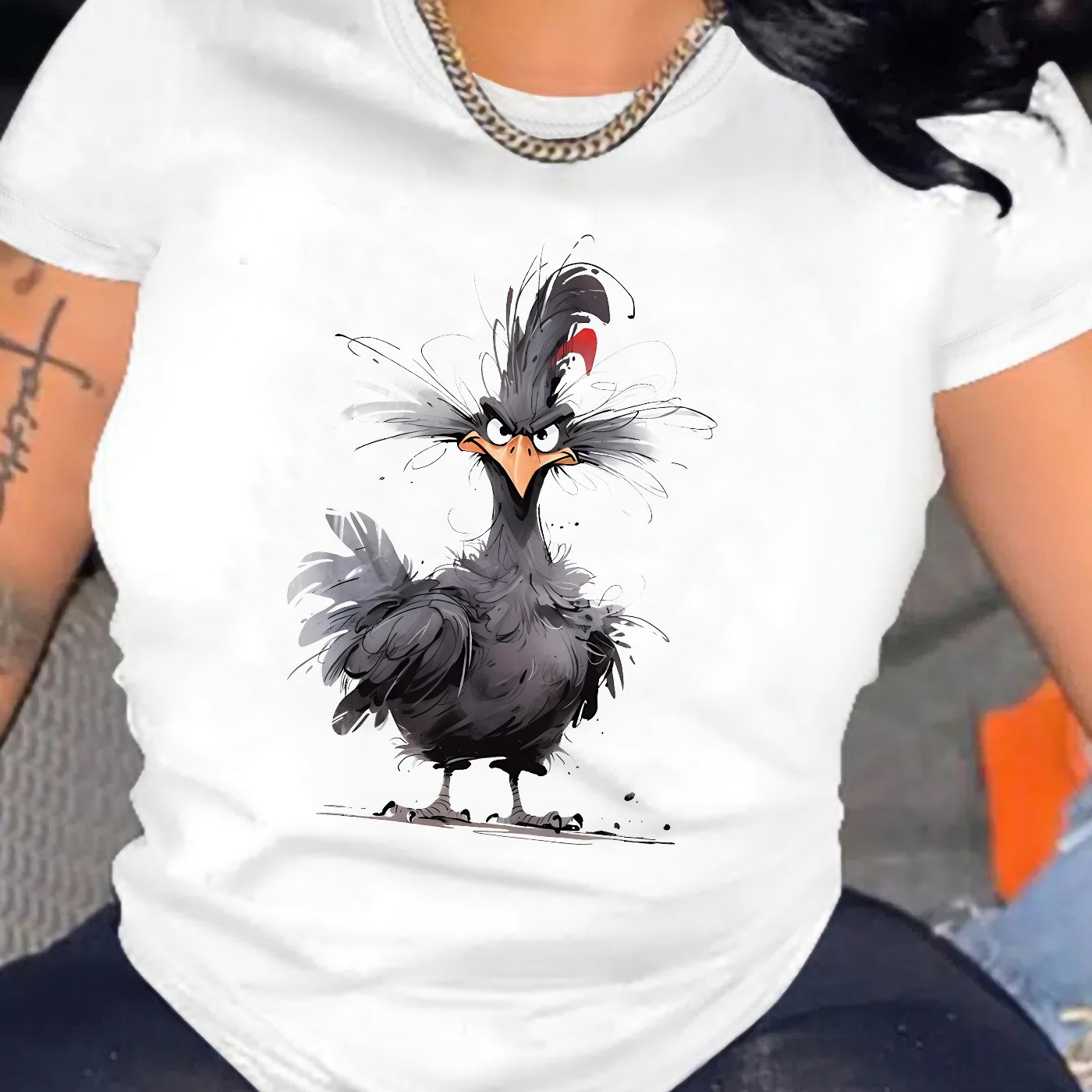 TEMU Women's Cartoon Chicken Print Crew Neck T-shirt - Casual Short Sleeve Top With Black & White Graphic, Medium Stretch Fabric, Machine Washable,