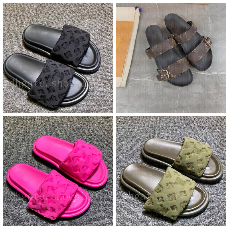 Designers Pillow Womens Pool Sandals Sunset Flat Comfort Mules Padded Front Strap Slippers Soft Fashionable Easy to Wear Style Slides