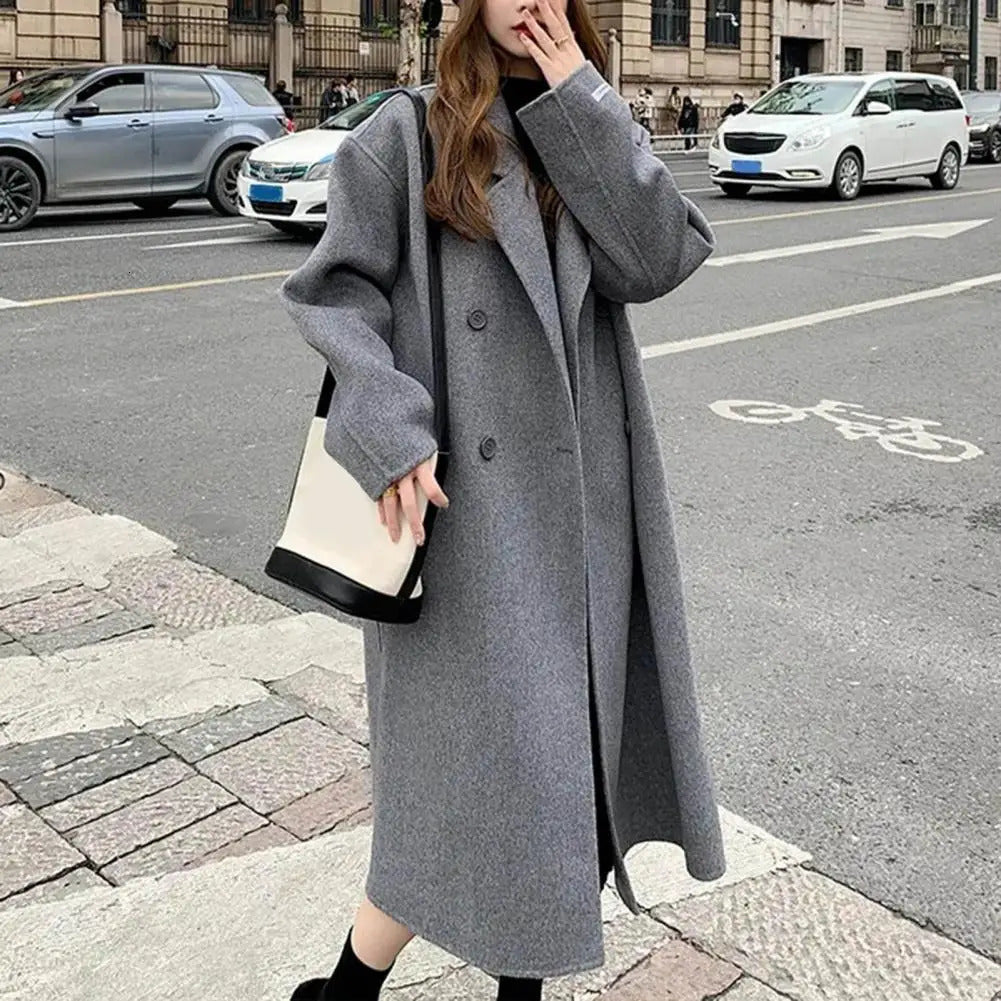 Womens Double breasted Wool and Cashmere Coat Fashion Long Fold Collar Wool Coat Womens Loose Coarse Felt Jacket Autumn-Winter 240930
