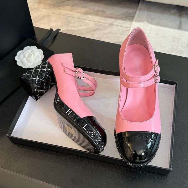 Womens Chunky Platform Heels 6.5cm Dress Shoe Classic Lambskin With Strass 2 Straps Leisure Shoe Ladies Pink Black Slides Adjustable Ankle B