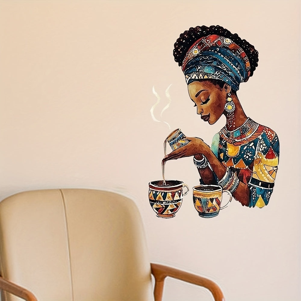 TEMU 1pc African Woman Making Tea Vinyl Wall Decal - Reusable Removable Self-adhesive Sticker, Vibrant African Art With Traditional Patterns, Durable