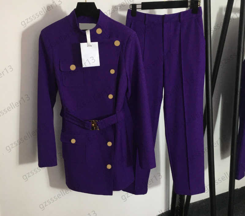 Two Piece Sets Womens Two Pieces Pants Breast Pocket Side Single Breasted Belt Slim Stand Collar Suit Jacket Collocation Straight Loose Trousers Wom