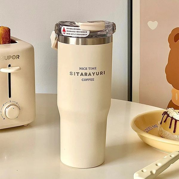 20 30 ounce large capacity insulated cup vacuum cold straw water bottle simple and portable outdoor dual beverage car coffee cup 241008