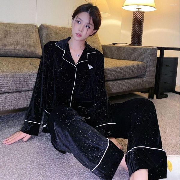 Womens Autumn Sleepwear Winter Velour Pamas Intimate gerie Long Sleeve Lapel Shirt Pants Home Nightwear 2pcs Women Pyjamas Set