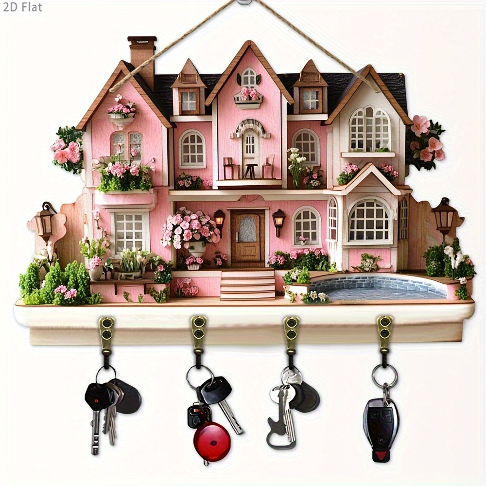 TEMU 2d Flat, 1pc,fall Decorations For Home, Romantic Rose Wooden Multifunctional Home Key Hanger With 4 Metal Hooks, Wall Decoration, Porch