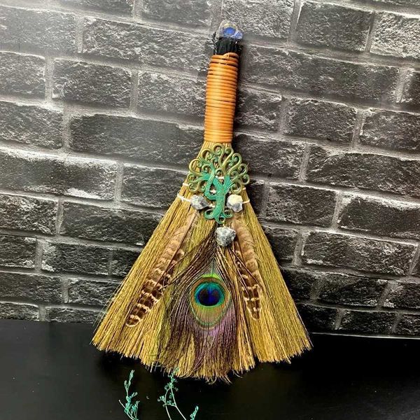 Decorative Objects Figurines Home Decor Halloween Witch Broom Living Room Decoration Big Broom Natural Amethyst Tree of Life Peacock Feather