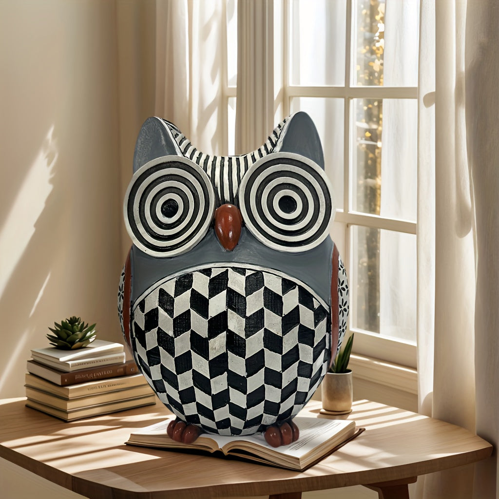 TEMU 1pc Modern Owl Animal Statue, Resin Sculpture With Black And White Checkered Base, Decorative Figurine For Room Tv Cabinet Tabletop Entrance,