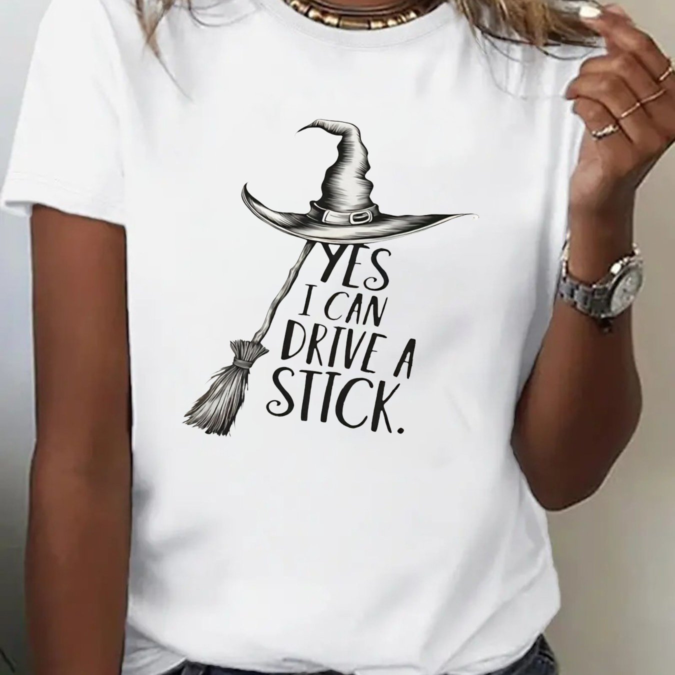 TEMU Women's Funny Halloween T-shirt - " " Graphic Tee - Soft Crew Neck Top For Halloween Parties, Costume Events & Casual Attire - Cute Hat &