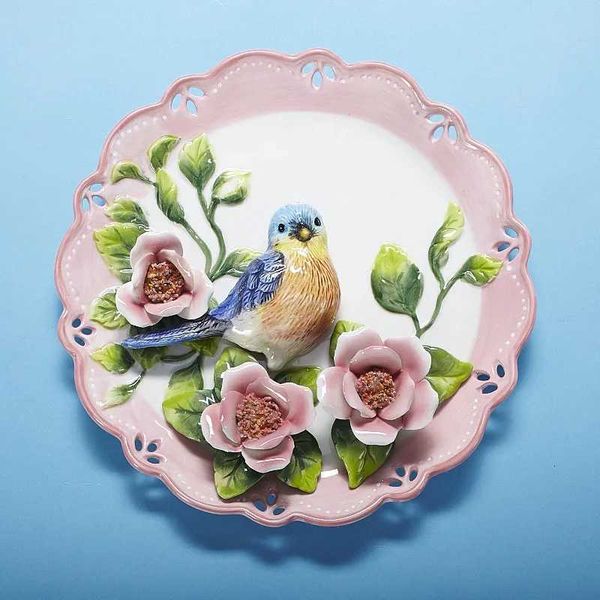 Decorative Plates Vintage 3D Decorative Bird Plate Art Handpainted Dish Plate Hanging Decoration for Wall Decor Ceramic Home Living Room Gif