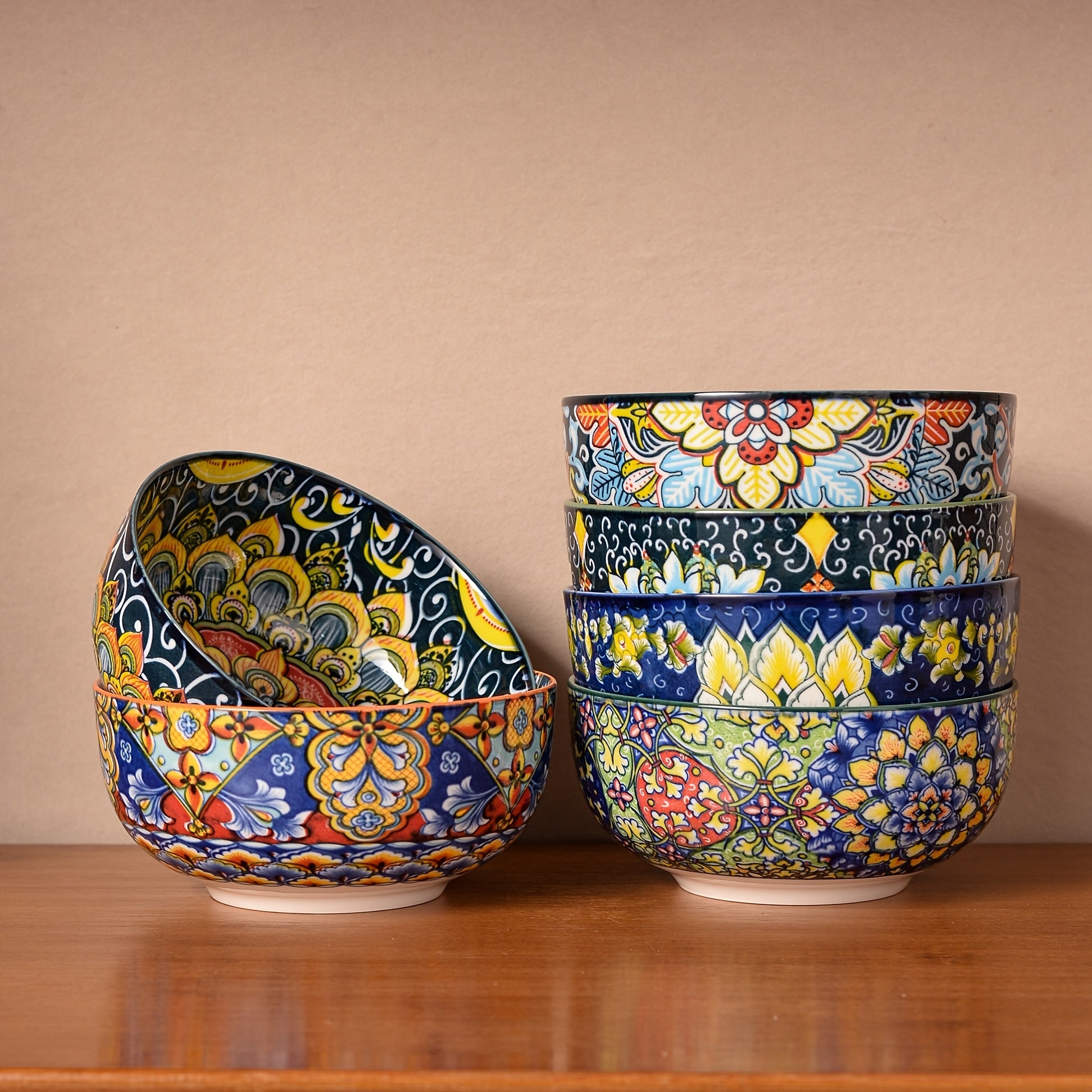 TEMU 6pcs Cereal Bowls, Ceramic Soup Bowls, Dishwasher And Microwave Safe, Serving Bowls With Double-sided Pattern For Cereal, Soup, Oatmeal, Ice