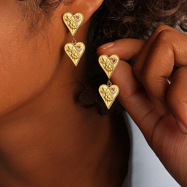 Boucles d'oreilles pendantes en forme de cœur en acier inoxydable 304 avec zircone cubique