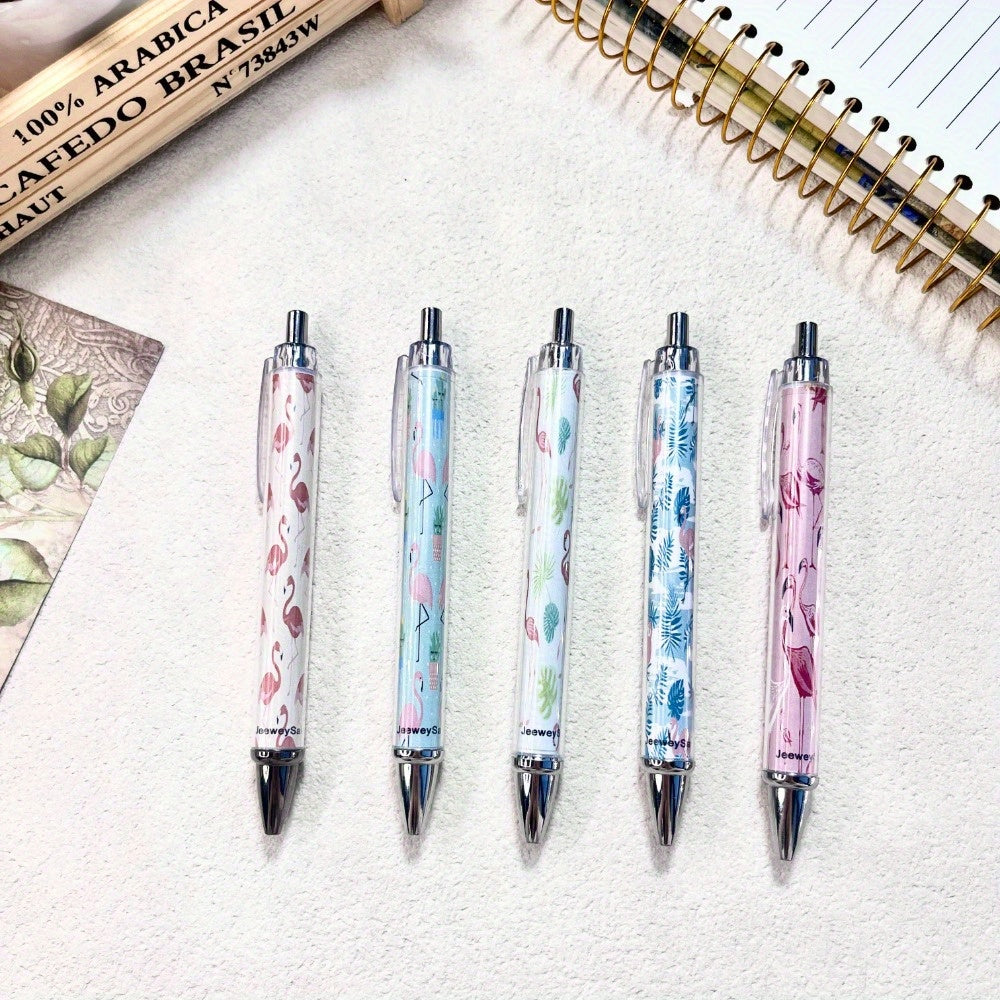 TEMU 5pcs Jeeweysaucy Flamingo Retractable Ballpoint Pens - Vibrant Pink, Blue, Floral Designs, Smooth Writing, Ideal For Office, Party Favors & ,